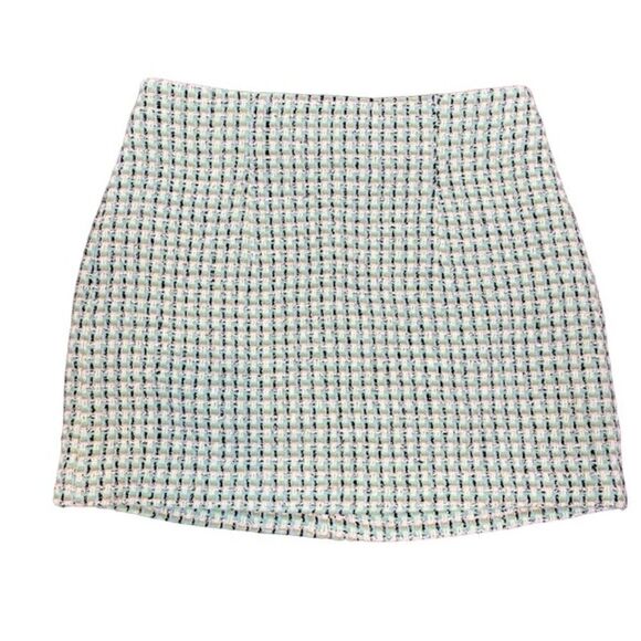 NWOT Mango Tweed Mini Skirt Fully Lined Back Zip Green Navy Cream size Medium - Picture 1 of 9
